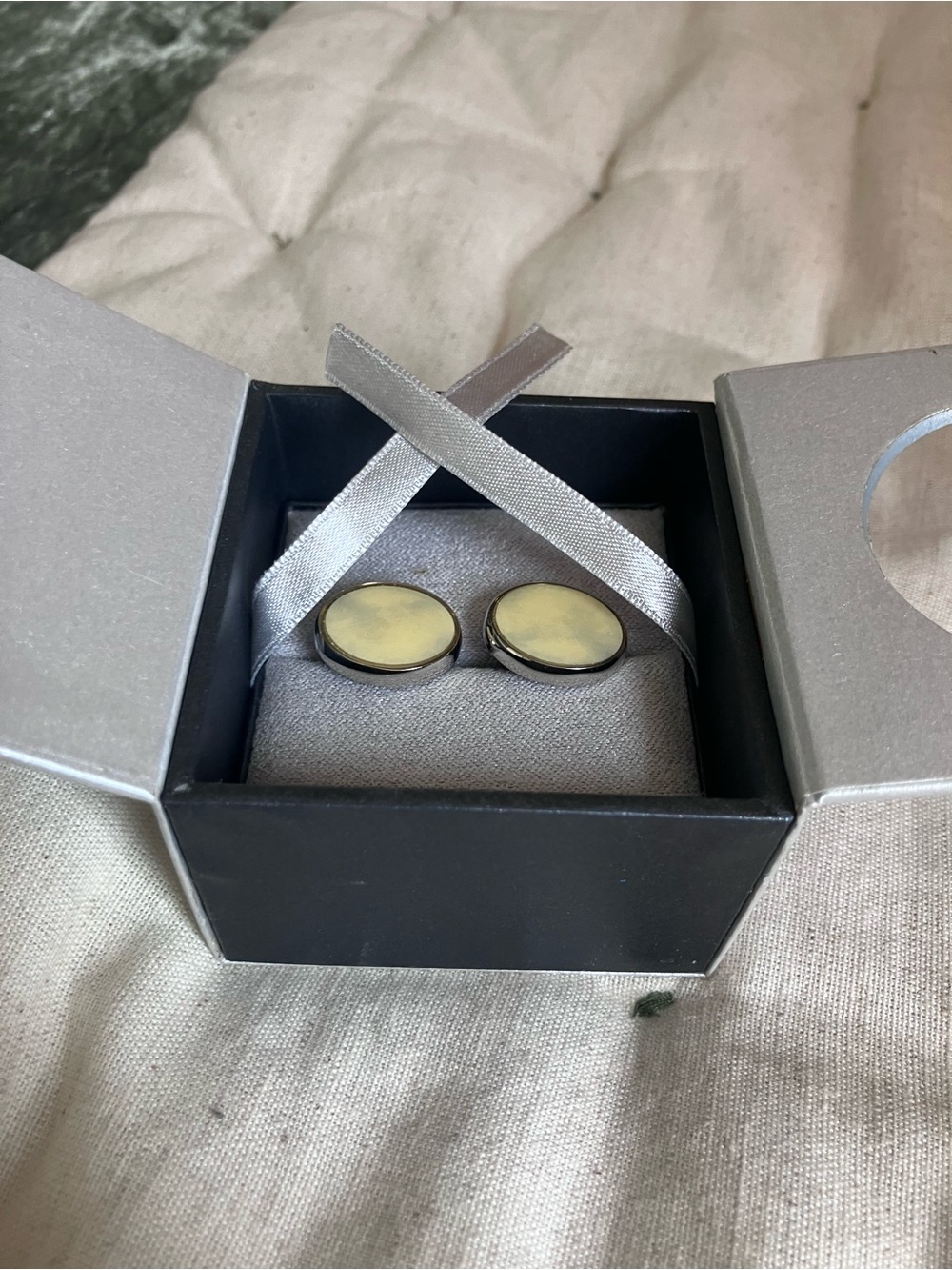 Men's Yellow Stone Cufflinks - Polished Silver Finish